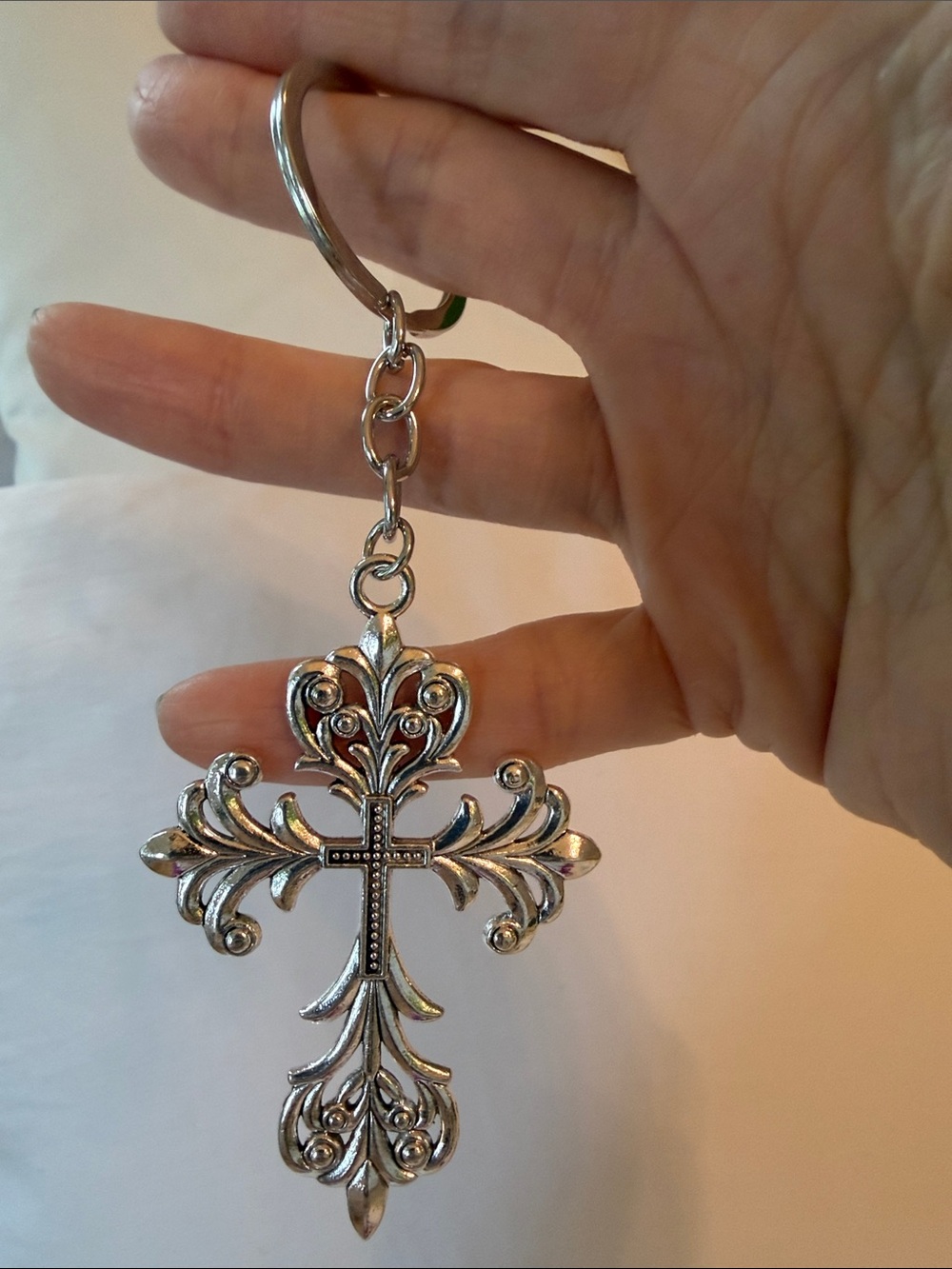 Ornate Silver Fleur-de-Lis Cross Keychain
